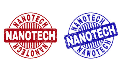 Grunge NANOTECH round stamp seals isolated on a white background. Round seals with grunge texture in red and blue colors. Vector rubber imitation of NANOTECH title inside circle form with stripes.