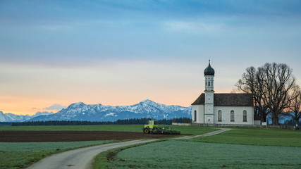 Morning farming in green Alpine field