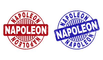 Grunge NAPOLEON round stamp seals isolated on a white background. Round seals with grunge texture in red and blue colors. Vector rubber imitation of NAPOLEON label inside circle form with stripes.