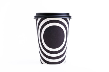 Takeaway cup in circles, coffee, tea, black and white colors, on isolated background
