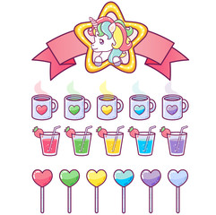 Cute unicorn in a star frame with a collection of delicious icons © angela0982