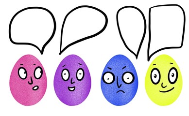Colorful eggs with emotions. Hand drawn watercolor illustration painted eggs with digital elements faces eyes smile mouth characters with space for text dialogue
