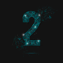 Abstract isolated blue image of a number three. Polygonal illustration looks like stars in the blask night sky in spase or flying glass shards. Digital design for website, web, internet. © Katsiaryna