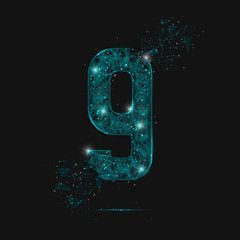 Abstract isolated blue image of a number three. Polygonal illustration looks like stars in the blask night sky in spase or flying glass shards. Digital design for website, web, internet. © Katsiaryna