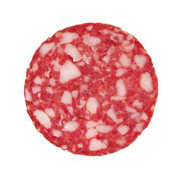 .Slices of salami. Isolated on a white background. sausage cut.uncooked smoked.mincemeat..