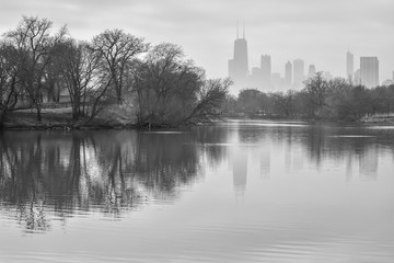 big city urban skyline in fog