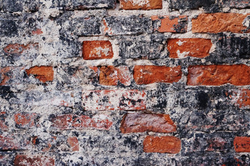 Empty Old Brick Wall Texture. Shabby Building Facade With Damaged Plaster. Abstract Web Banner. Copy Space.