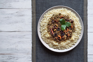 Moroccan spiced mince with couscous. Top view. 