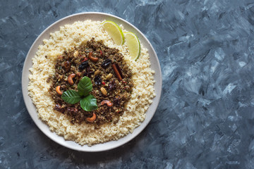 Moroccan spiced mince with couscous. Top view. 