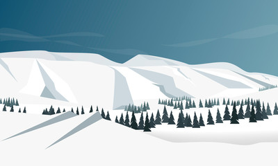 Cute flat winter landscape with mountain, forest and clouds illustration. Ideal for web, card poster cover invitation, brochure. Simple Minimalism. Vector