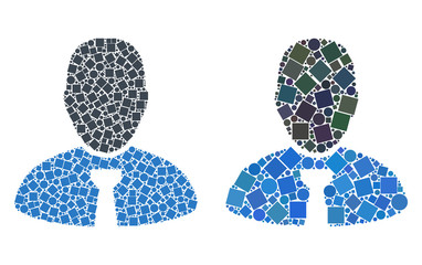 Collage Boss icons composed of circle and square items in various sizes, positions and proportions. Vector circle and square items are arranged into abstract puzzle boss icons.