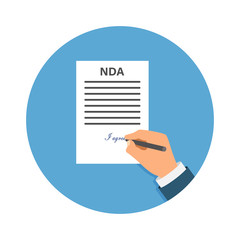 Colored Cartooned Hand Signing NDA. Contract Signed document. NDA concept. Secret files. Stock vector illustration.