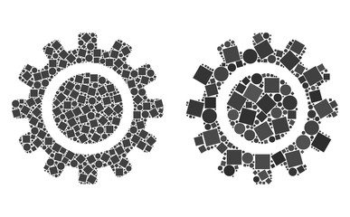 Collage Cog icons organized from round and square items in various sizes, positions and proportions. Vector spheric and square items are grouped into abstract collage cog icons.
