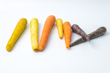 colourful organic carrots on white background 