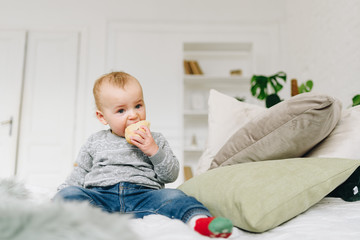 Fototapeta premium Very cute little toddler boy snacking. Baby or small child eating a piece of bread. Making funny silly face.