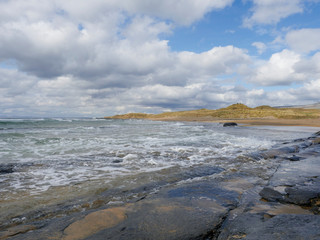 Ocean landscape in county Clare, Burren area, Ireland, Atlantic ocean, sky with clouds,