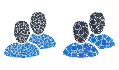Collage Users icons organized from circle and square elements in different sizes, positions and proportions. Vector circle and square spots are composed into abstract mosaic users icons.
