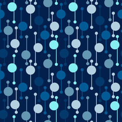 Simple geometric light circles and lines on dark blue background. Bright abstract vector seamless patterns for textile, prints, wallpaper etc.