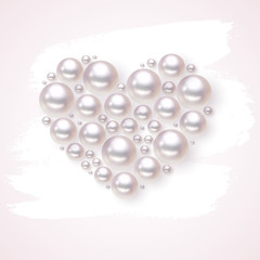 Pearl heart vector on hand drawn splodge background. Romance pattern. Realistic pearl