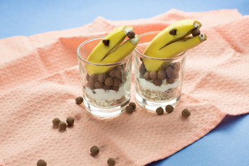 Tasty delicious banana with musli. Healthy food concept