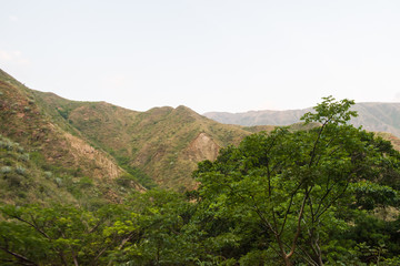 Obraz premium LANDSCAPE OF THE MOUNTAINS SURROUNDING THE CHICAMOCHA CANYON IN COLOMBIA WITH GREEN VEGETATION AND TREES