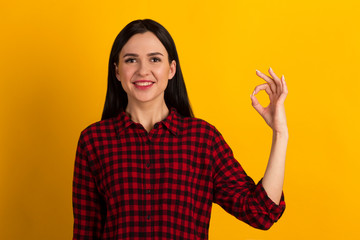 Close up photo amazing funky her she lady toothy long straight hair sincerely brown eyes show fingers hand okey symbol wearing red shirt clothes isolated yellow background