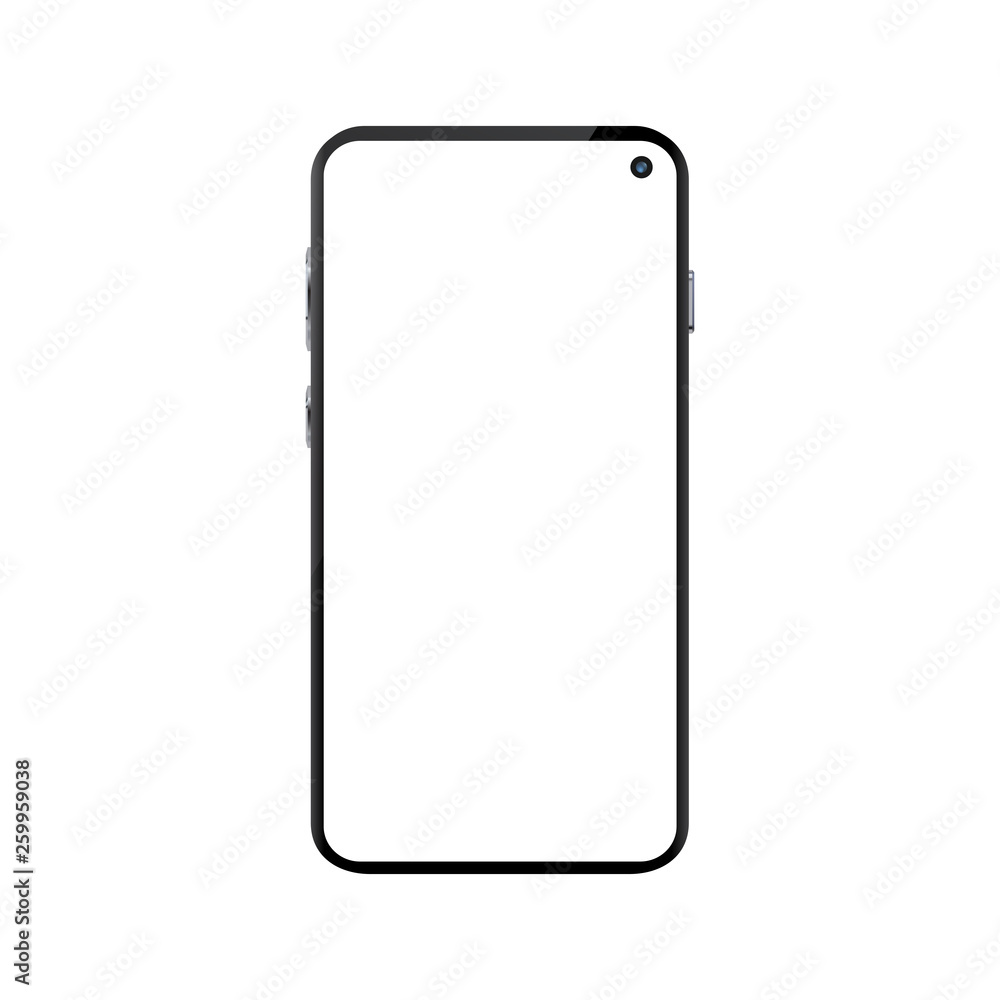 Poster black smartphone with white empty touch screen and camera, phone - stock vector