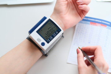 Hypertension. Patient measuring blood pressure.