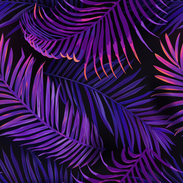 Tropical Neon Palm Leaves Seamless Pattern. Purple Colored Floral Background. Summer Exotic Botanical Foliage Fluorescent Design with Tropic Plants for Fabric, Textile, Wallpaper. Vector illustration © wooster
