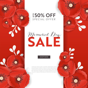 Memorial Day Sale Banner with Red Paper Cut Poppy Flowers. Remembrance Day Discount Poster with Symbol of Piece Poppies for Promo Flyer, Origami Brochure, Leaflet. Vector illustration