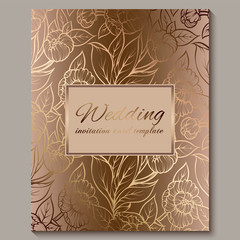 Exquisite royal luxury wedding invitation, gold floral background with frame and place for text, lacy foliage made of roses or peonies with golden shiny gradient.