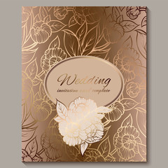 Exquisite royal luxury wedding invitation, gold floral background with frame and place for text, lacy foliage made of roses or peonies with golden shiny gradient.
