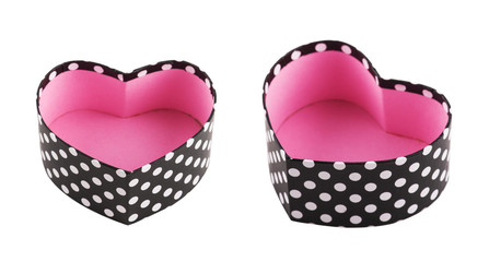open empty polka dot gift box in heart shape
