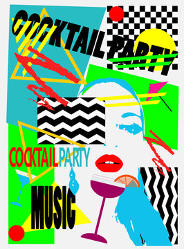 Cocktail party background pop art with a girl and martini glass