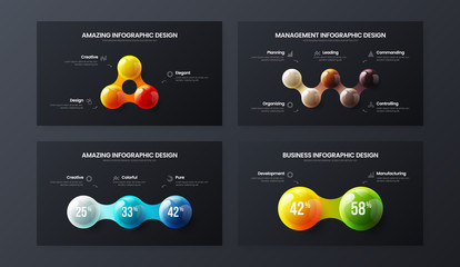 Amazing 2, 3, 5 step marketing analytics presentation vector illustration template bundle. Business data visualization design collection layout. Colorful 3D balls corporate statistics infographic set.