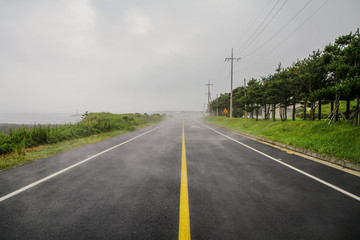 Fototapeta na wymiar A foggy day on the road along the coast of Jeju Island.