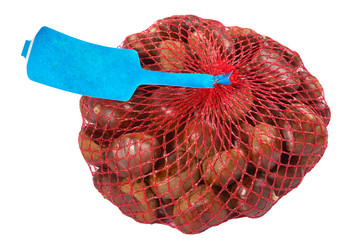 chestnut in red Plastic Mesh Sack on White Background