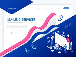 Isometric mailing list or mailing services. Online marketing and communication. Electronic mail message concept as part of business marketing.