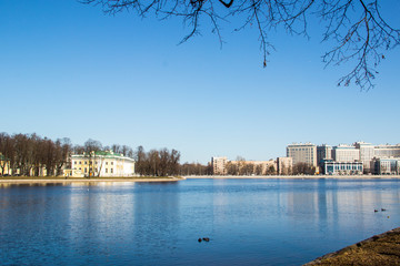 Obraz premium St. Petersburg, Russia, April 06, 2019: Neva river and view of Ushakovskaya embankment. Travel, architecture, sightseeing concept.