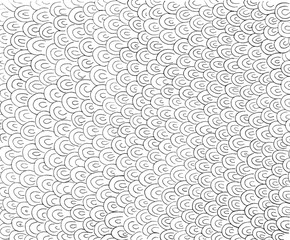 Hand-drawn black lines simple pattern of semicircular elements arranged overlap, resembling fish scales, on a white background.