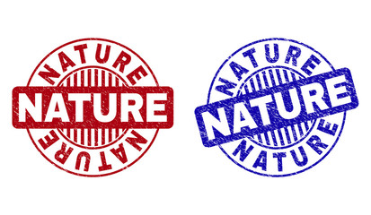 Grunge NATURE round stamp seals isolated on a white background. Round seals with grunge texture in red and blue colors. Vector rubber imitation of NATURE label inside circle form with stripes.