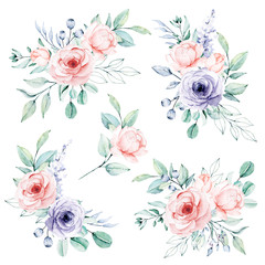 Obraz na płótnie Canvas Watercolor flower set, bouquets. Floral clip art. Perfectly for print on wedding invitation, greeting card, wall art, stickers and other. Isolated on white background. Hand paint design. 