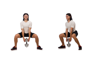 Man exercising with dumbbels isolated on white