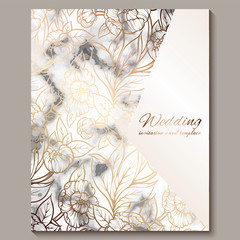 Luxury and elegant wedding invitation cards with marble texture and gold glitter background. Modern wedding invitation decorated with peony flowers