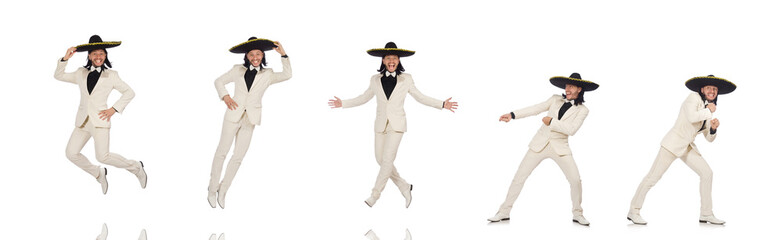 Funny mexican in suit and sombrero isolated on white