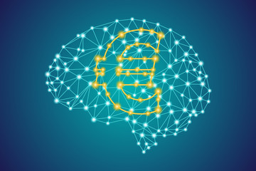 gold euro money icon sign on polygonal low poly plexus human brain background, Internet artificial intelligence trade concept, stock vector illustration clip art