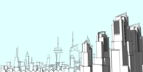 3D illustration architecture building perspective lines.