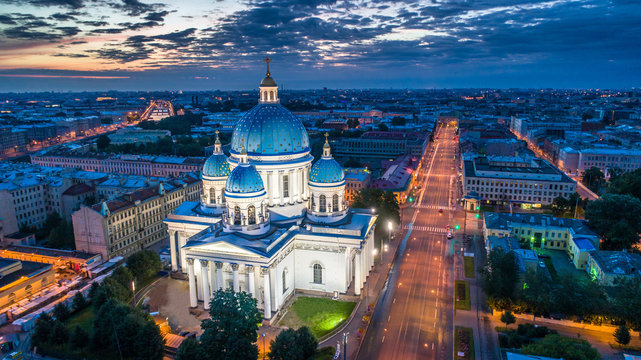 Saint Petersburg. Russia. Trinity Cathedral in St. Petersburg. Evening Izmailovsky Cathedral. St. Petersburg temples. Evening panorama of Saint Petersburg. Russian cities. Petersburg architecture.