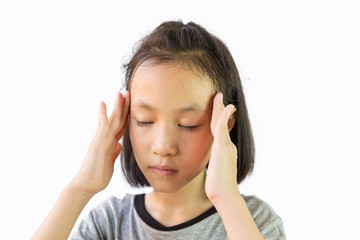 Asian little girl with vertigo,migraine,sick depressed girl suffering from headache, cute child...