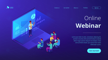 Students e-learning by webinar training and listening to businessman with charts on laptop. Webinar, online video training, tutorial podcast concept. Isometric 3D website app landing web page template